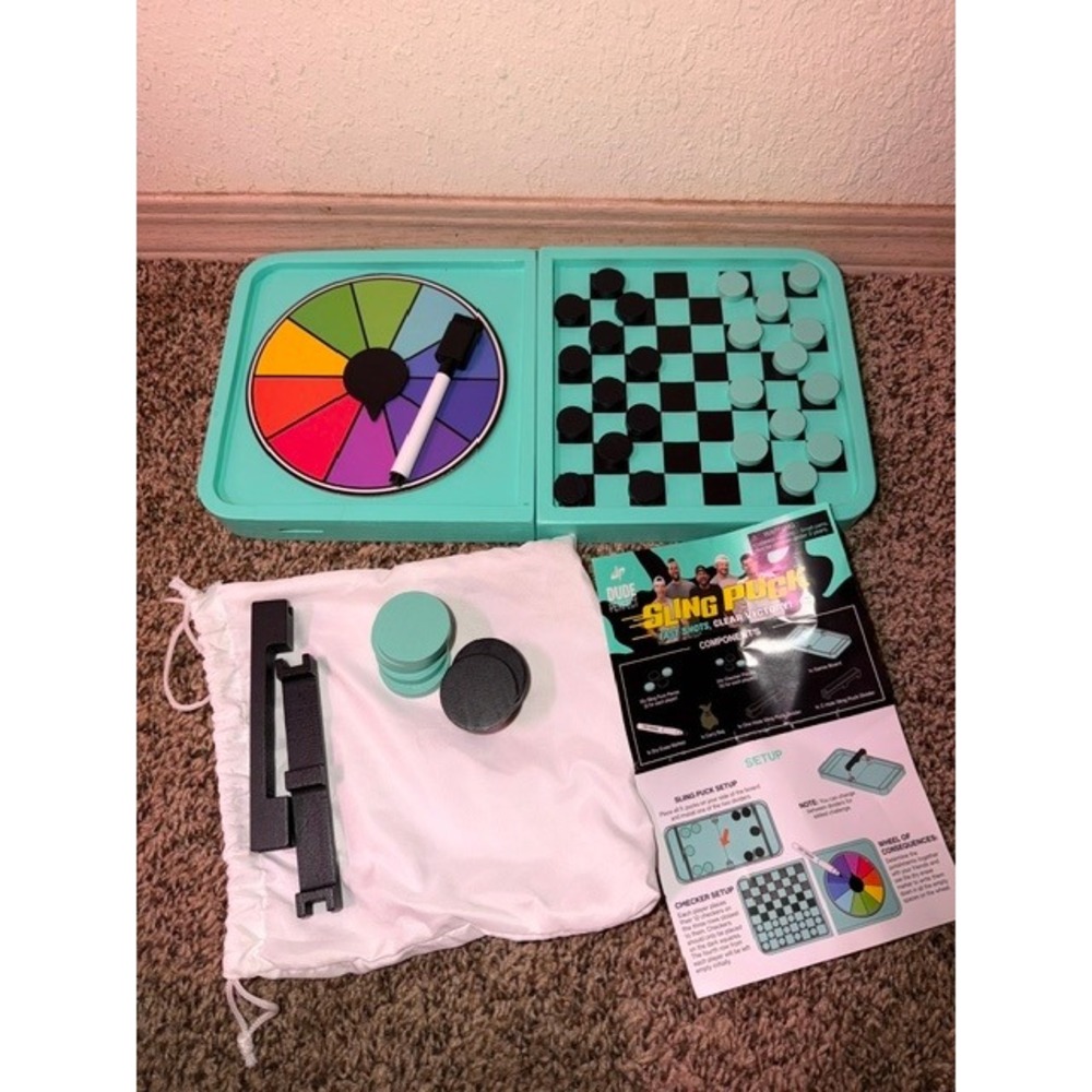 Dude Perfect Sling Puck Game 2-in-1 Checkers Wheel of Consequences Teal Black - Picture 2 of 3
